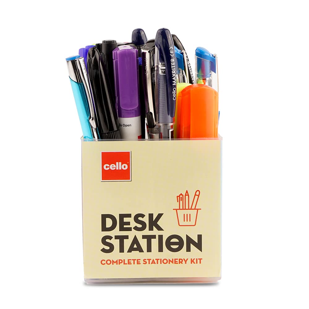 Cello Desk Station, Assorted Office Stationery Items | Ball Pens, Marker, Highlighters | 23 Stationery Items