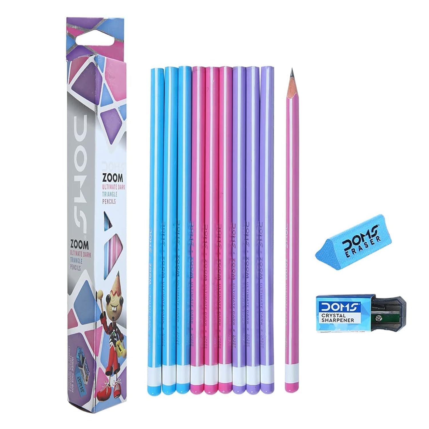 Doms Zoom Ultimate Dark Pencil Box Pack | Triangular Shape For Easy Holding & Comfort | Free Eraser & Sharpner With Each Box